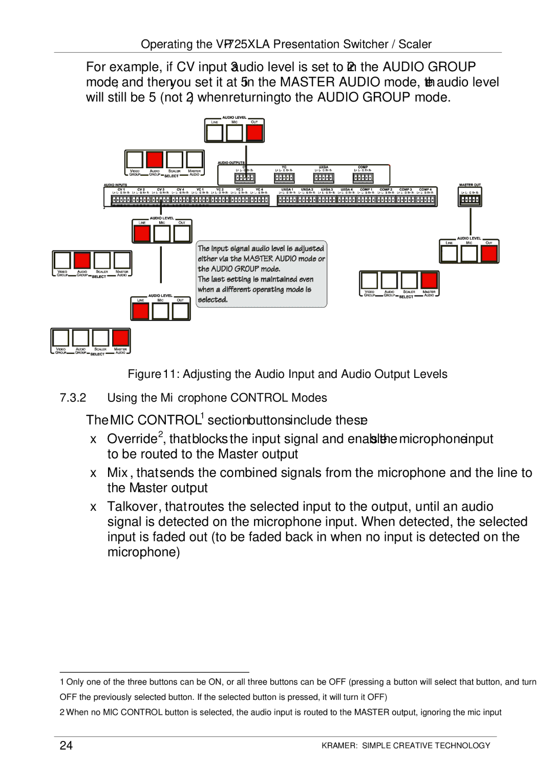 Kramer Electronics VP-725XLA user manual Using the Microphone Control Modes 