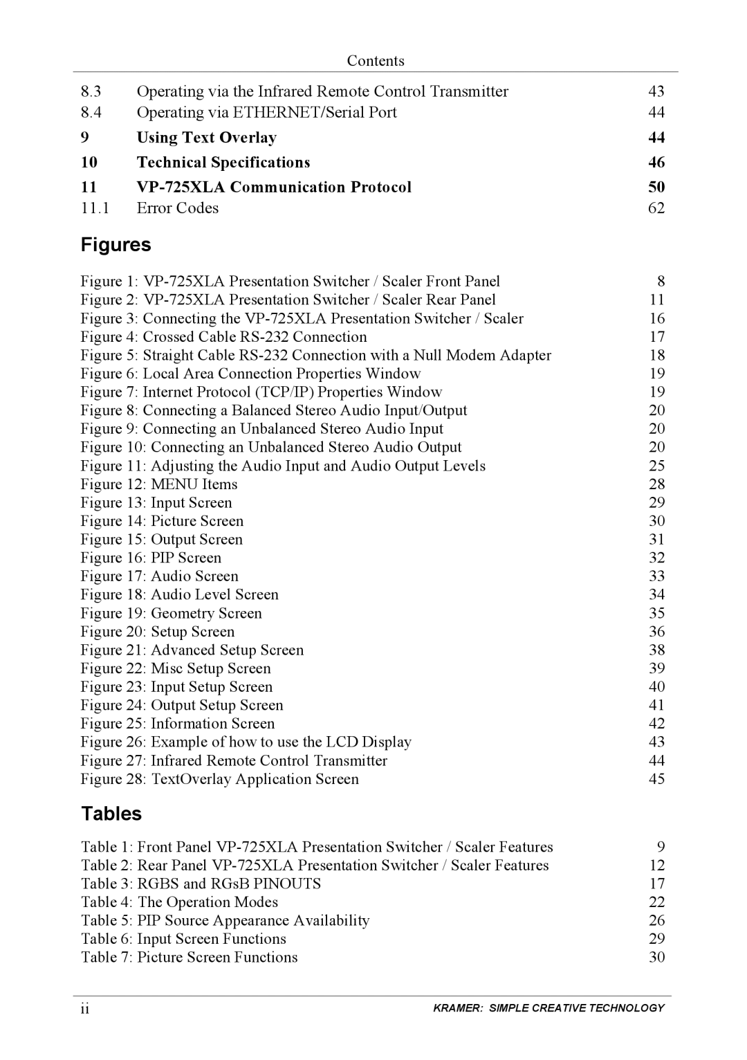 Kramer Electronics VP-725XLA user manual Figures, Tables 