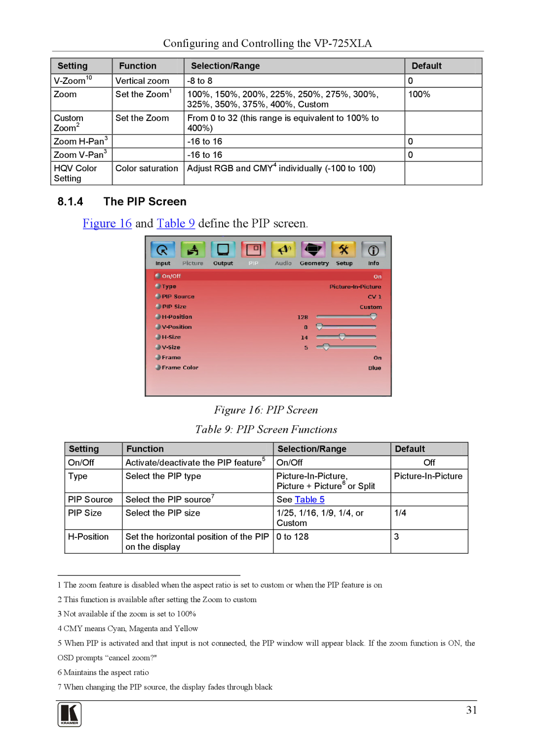 Kramer Electronics VP-725XLA user manual Define the PIP screen 