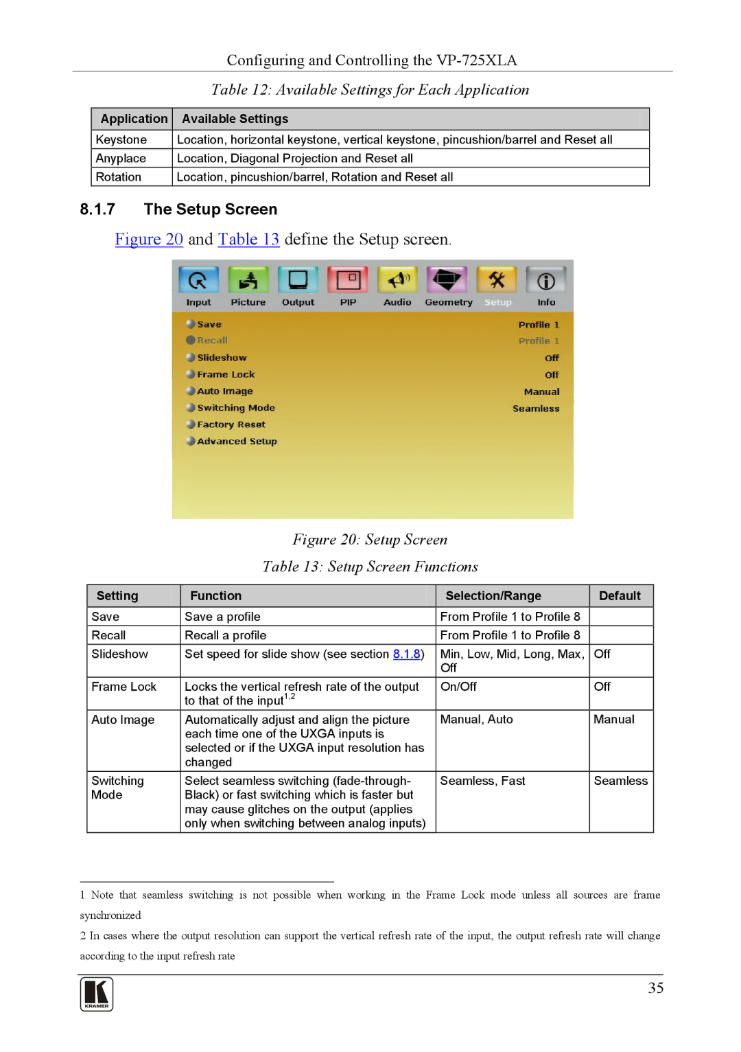 Kramer Electronics VP-725XLA user manual Available Settings for Each Application, Application Available Settings 