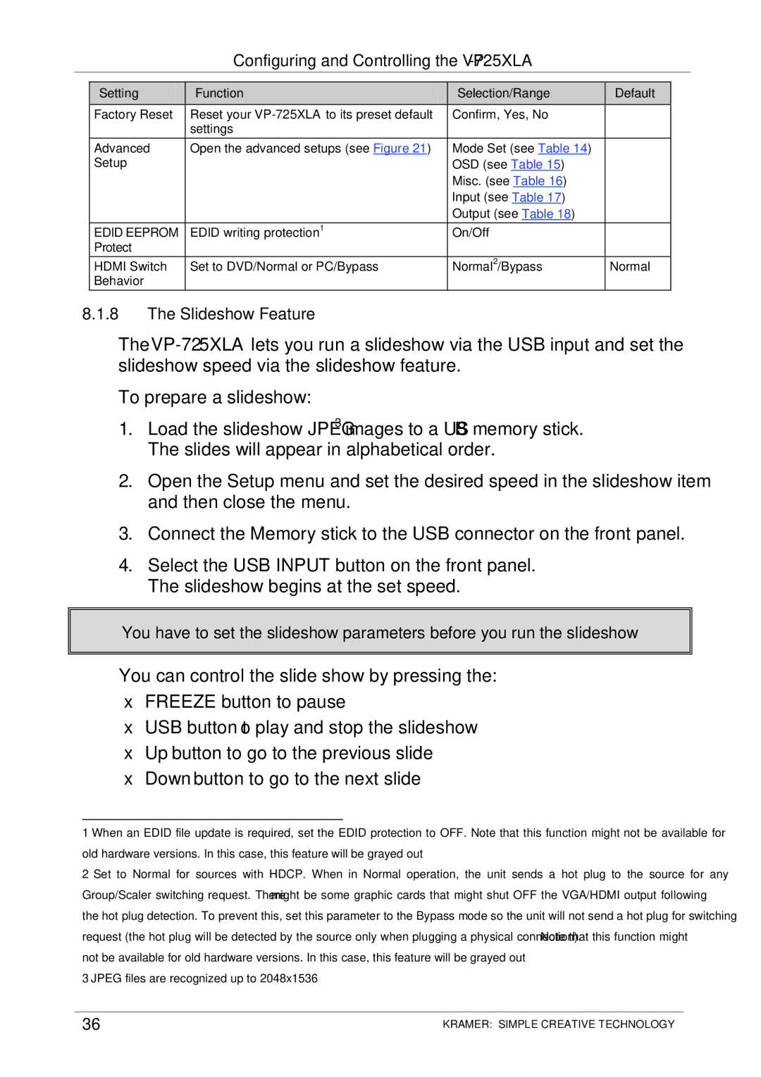 Kramer Electronics VP-725XLA user manual Slideshow Feature 