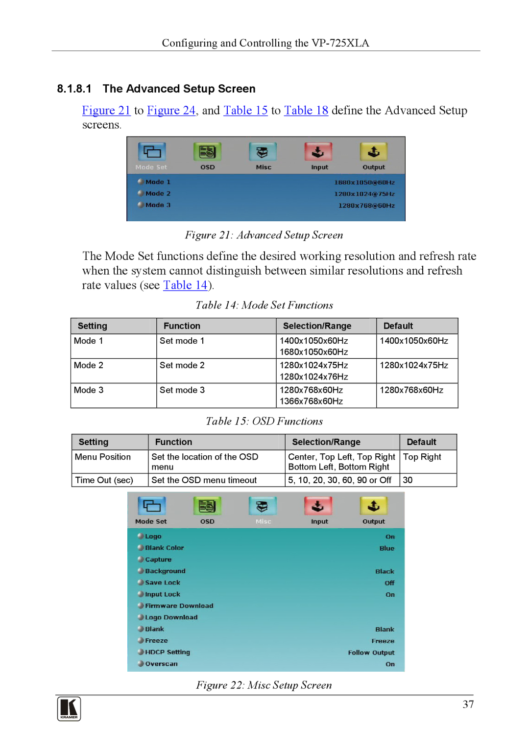 Kramer Electronics VP-725XLA user manual Mode Set Functions, OSD Functions 