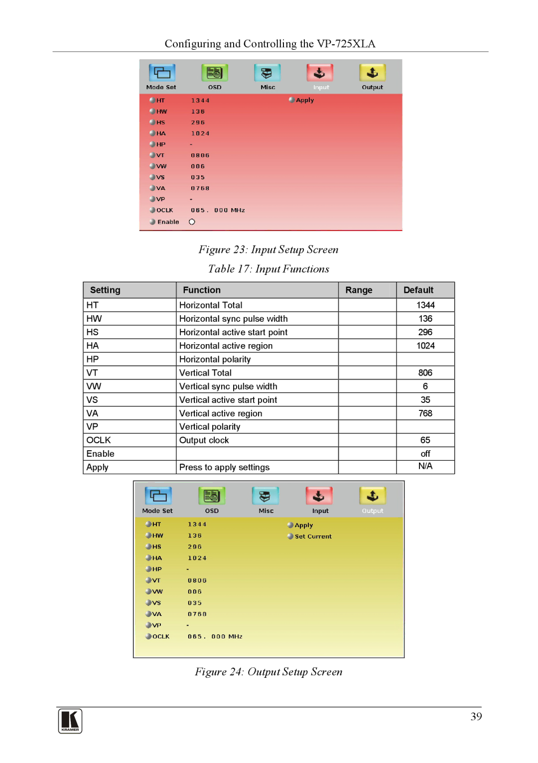 Kramer Electronics VP-725XLA user manual Input Setup Screen Input Functions, Setting Function Range Default 