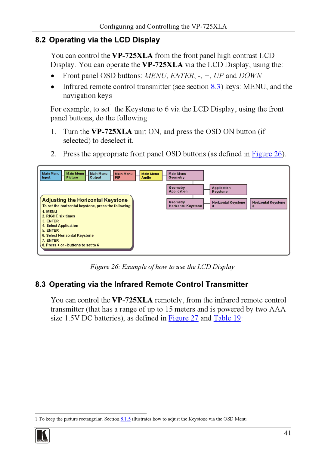 Kramer Electronics VP-725XLA Operating via the LCD Display, Operating via the Infrared Remote Control Transmitter 
