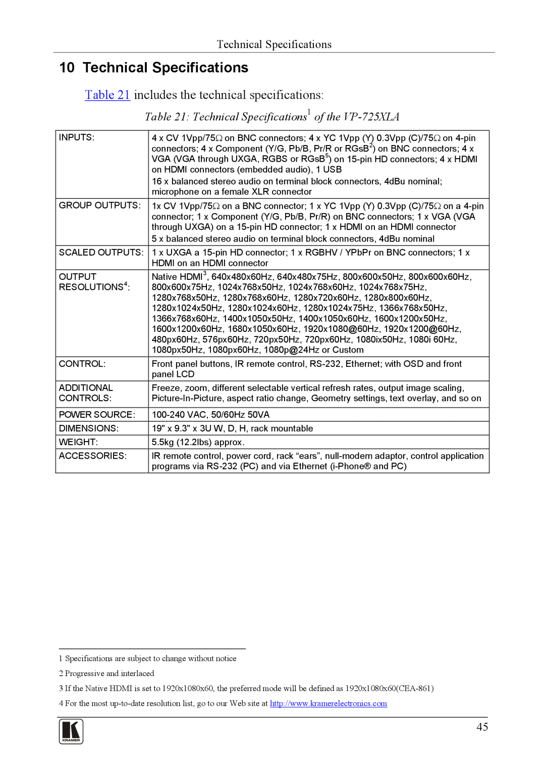 Kramer Electronics user manual Technical Specifications1 of the VP-725XLA 