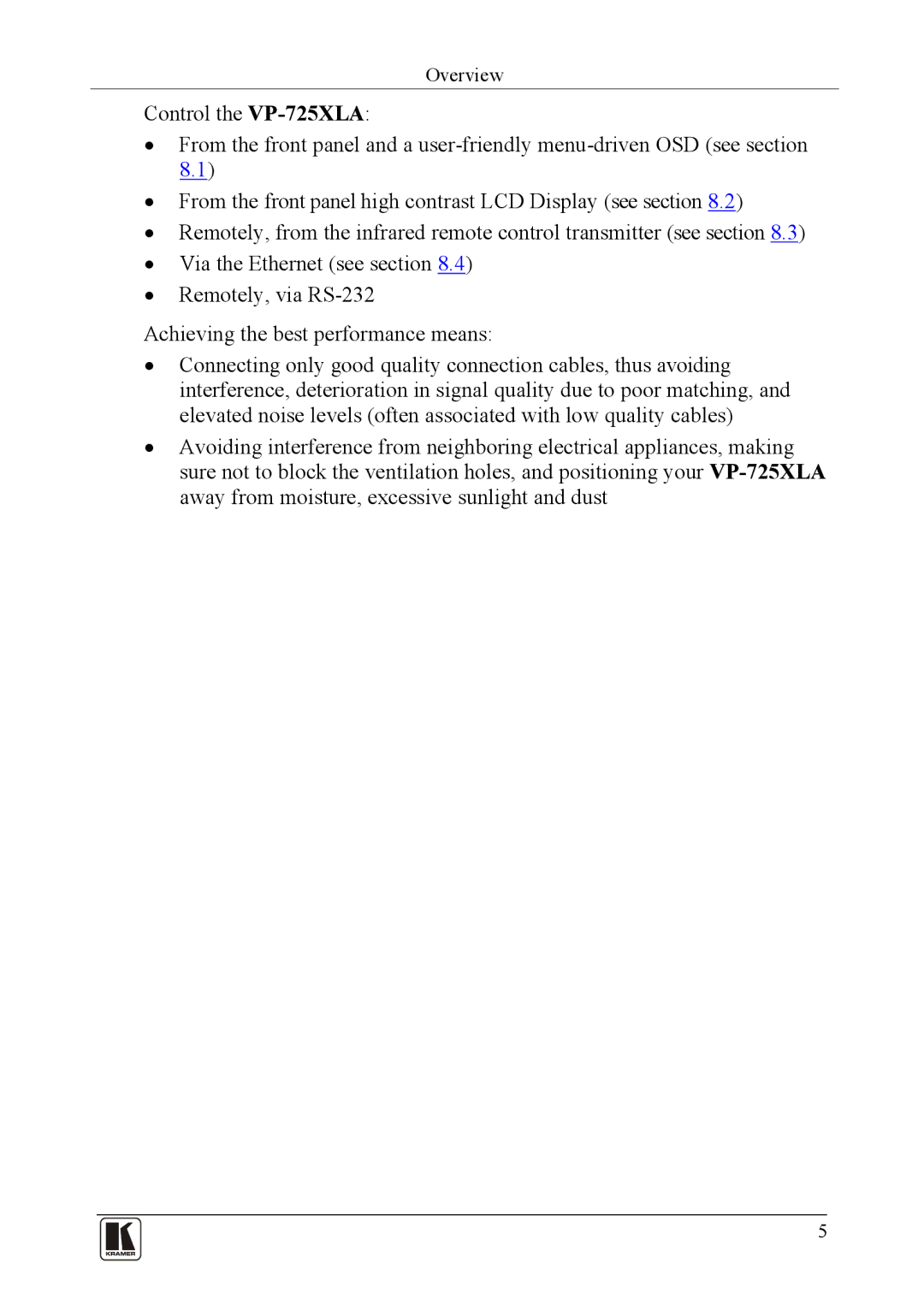 Kramer Electronics VP-725XLA user manual Overview 