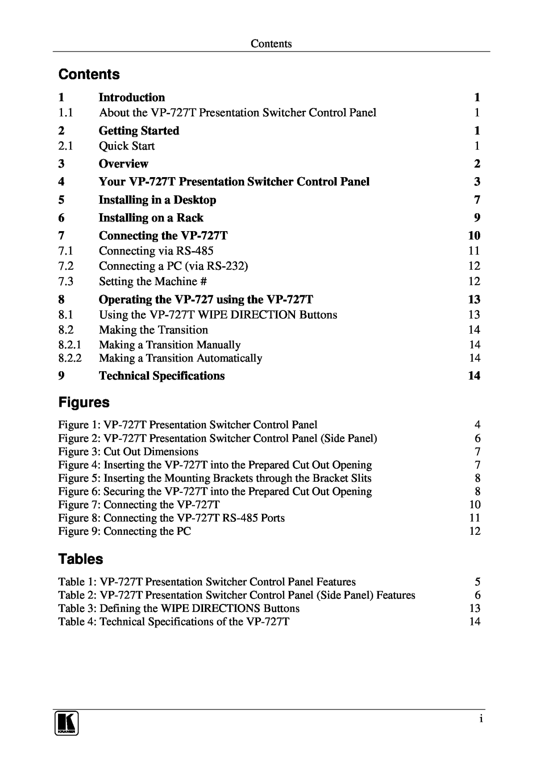Kramer Electronics VP-727T user manual Contents, Figures, Tables 