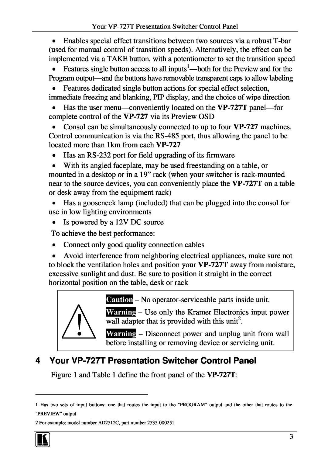 Kramer Electronics user manual Your VP-727T Presentation Switcher Control Panel 