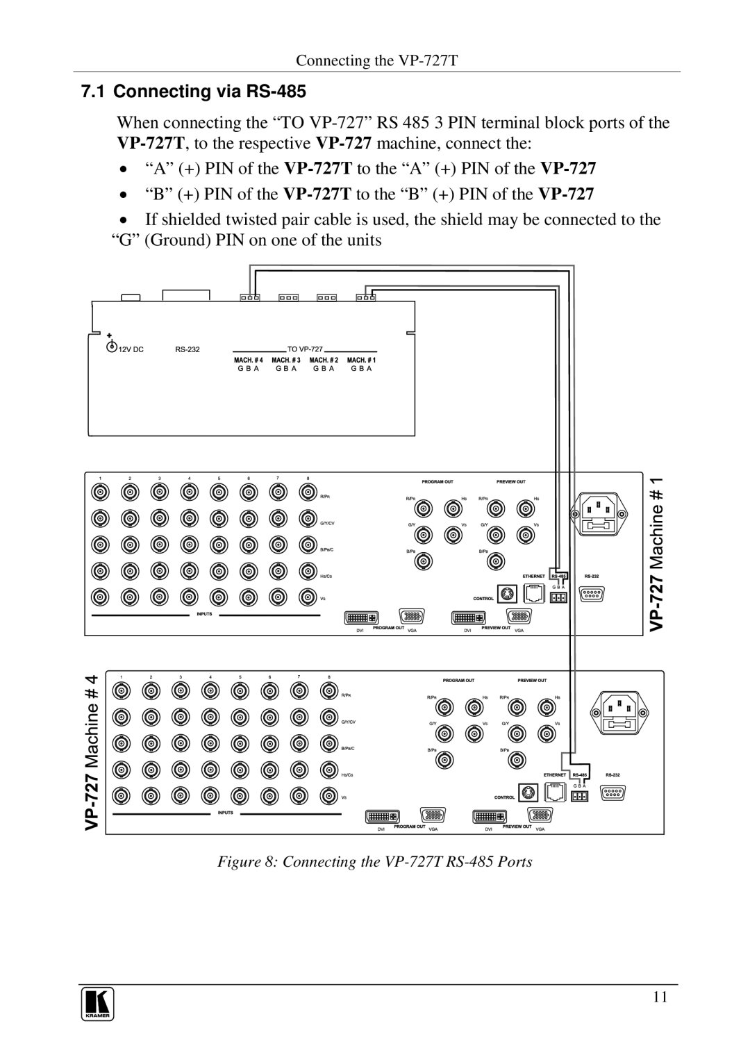 Kramer Electronics user manual Connecting via RS-485, Connecting the VP-727T RS-485 Ports 