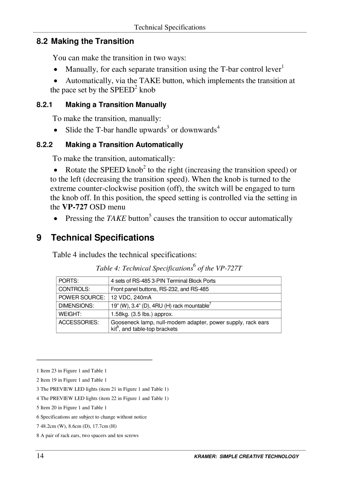 Kramer Electronics VP-727T user manual Technical Specifications, Making the Transition 