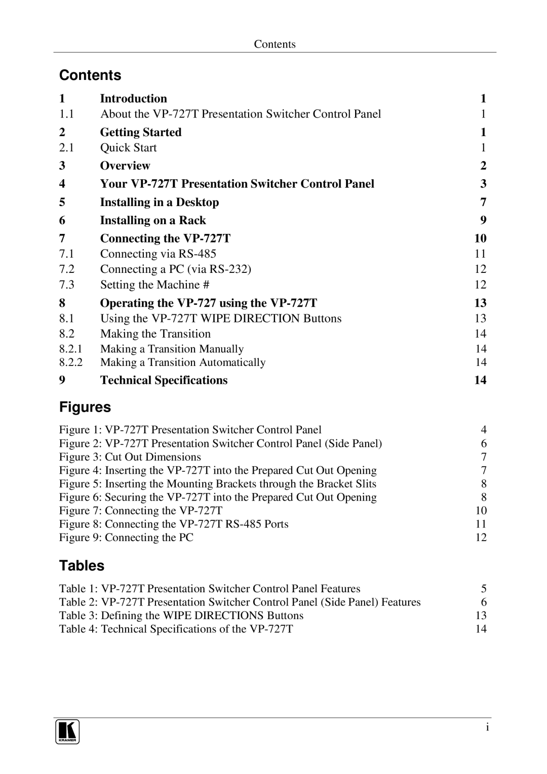 Kramer Electronics VP-727T user manual Contents, Tables 