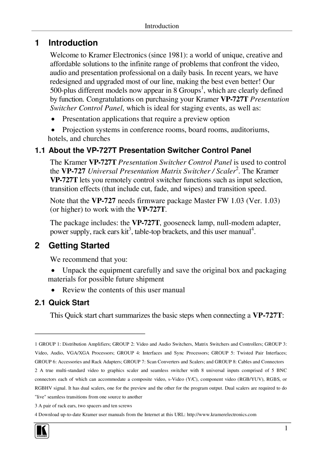 Kramer Electronics Introduction, Getting Started, About the VP-727T Presentation Switcher Control Panel, Quick Start 