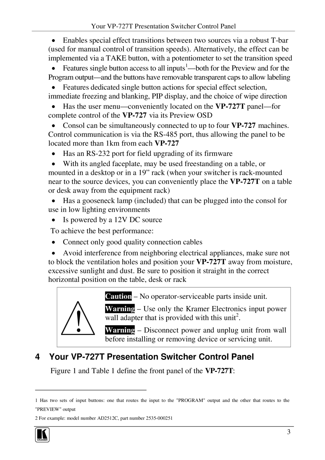 Kramer Electronics user manual Your VP-727T Presentation Switcher Control Panel, Define the front panel of the VP-727T 