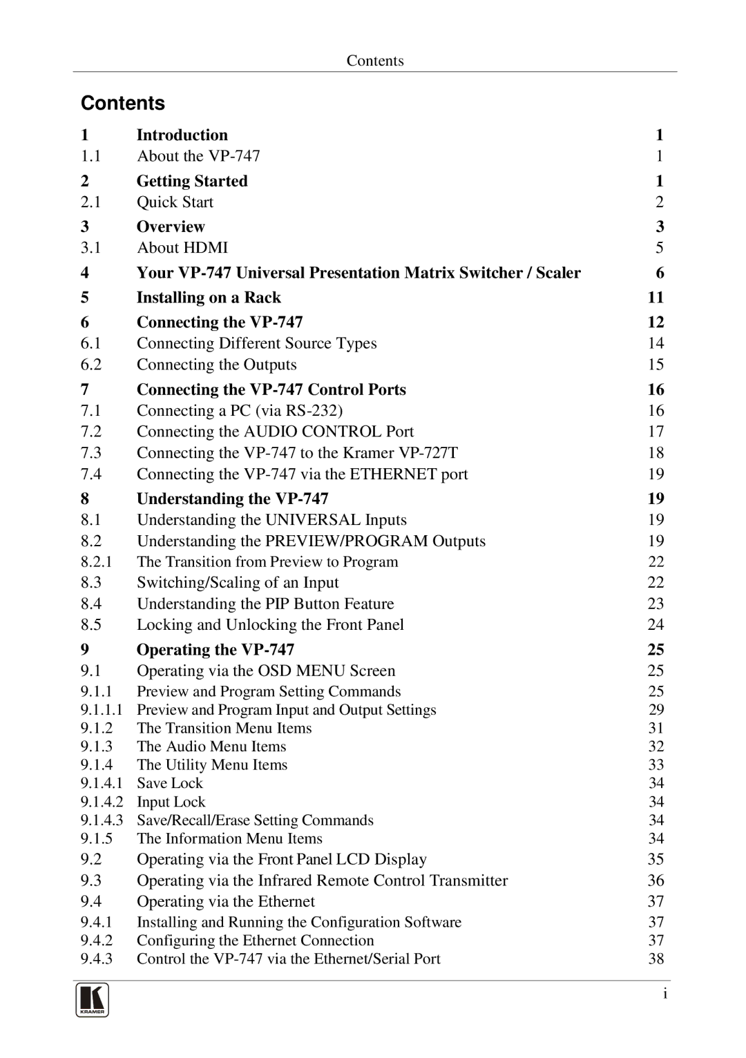 Kramer Electronics VP-747 user manual Contents 