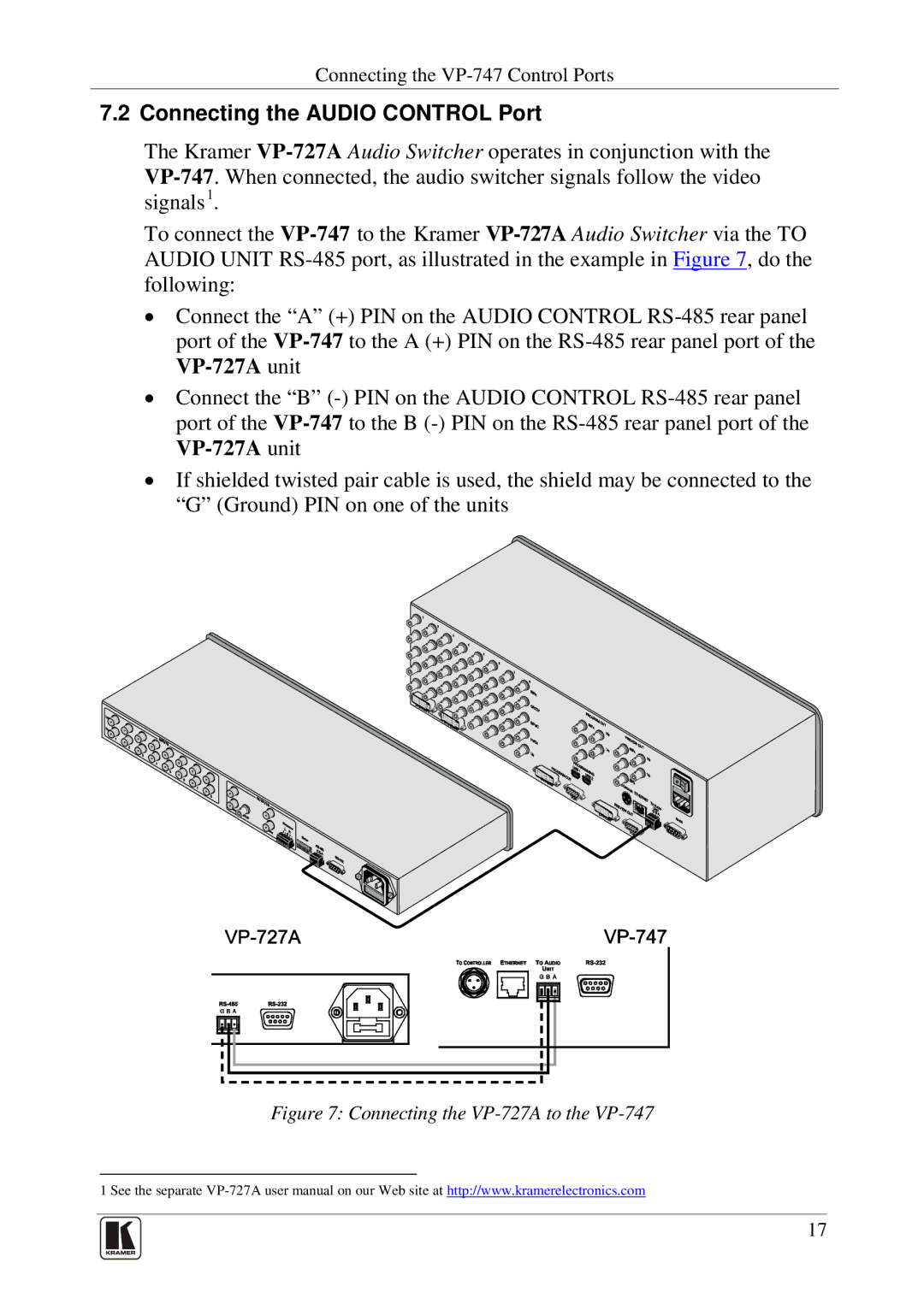 Kramer Electronics user manual Connecting the Audio Control Port, Connecting the VP-727A to the VP-747 