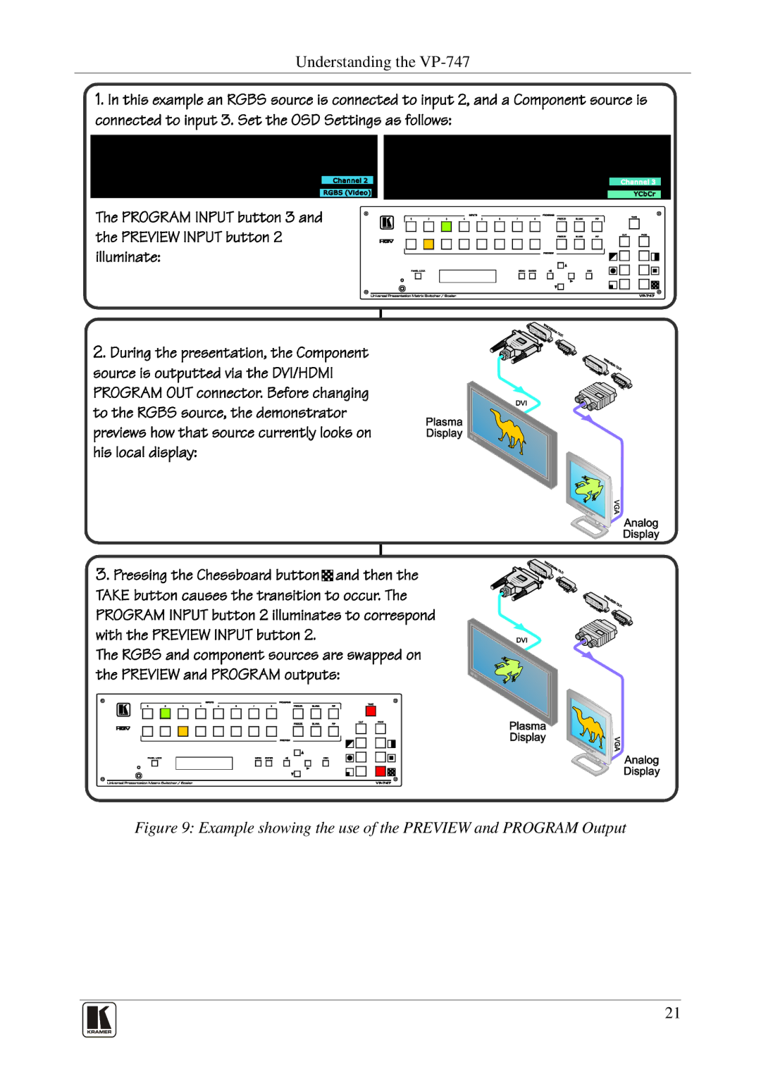 Kramer Electronics VP-747 user manual Example showing the use of the Preview and Program Output 