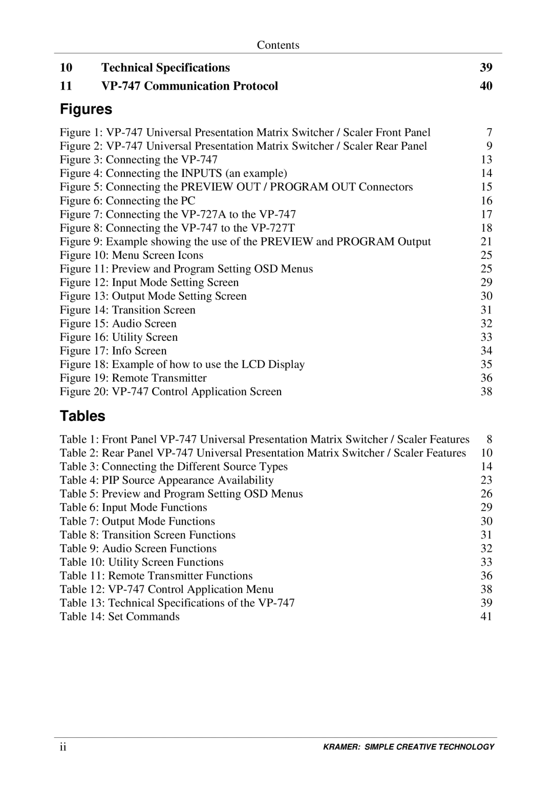 Kramer Electronics VP-747 user manual Figures, Tables 