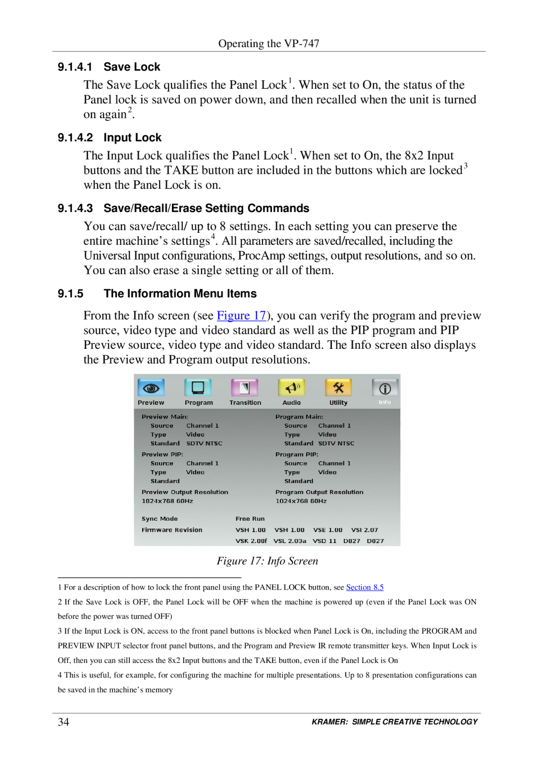 Kramer Electronics VP-747 user manual Save Lock 