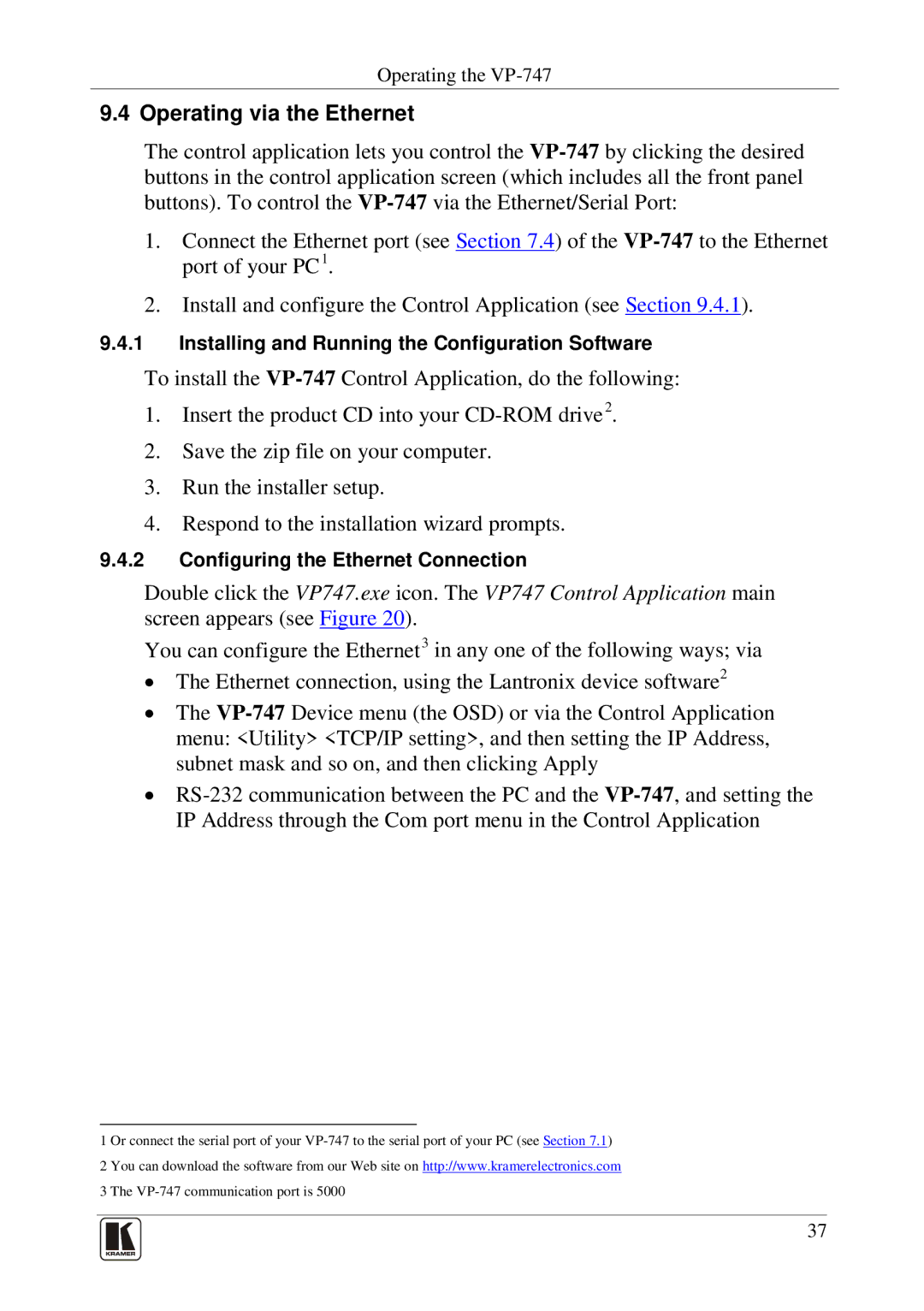 Kramer Electronics VP-747 user manual Operating via the Ethernet 