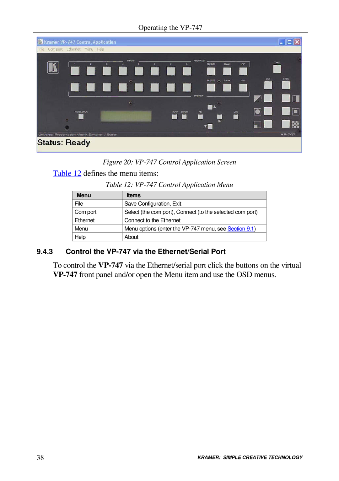 Kramer Electronics VP-747 user manual Defines the menu items, Menu Items 