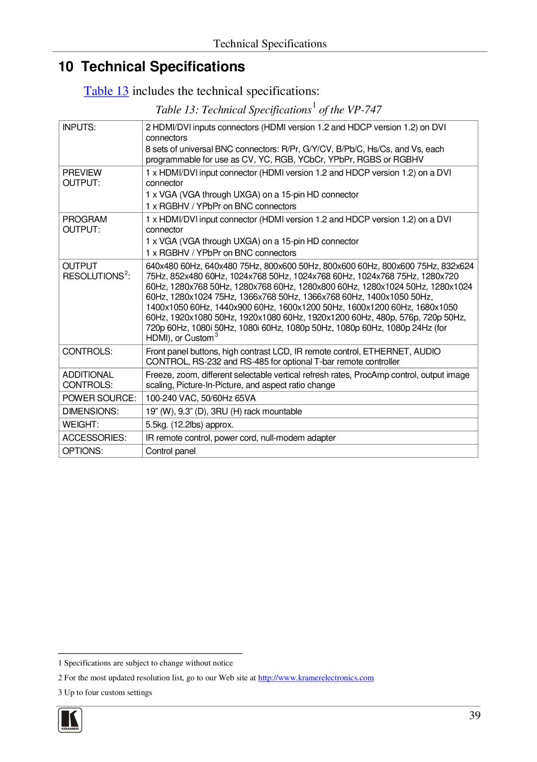 Kramer Electronics VP-747 user manual Technical Specifications, Includes the technical specifications 