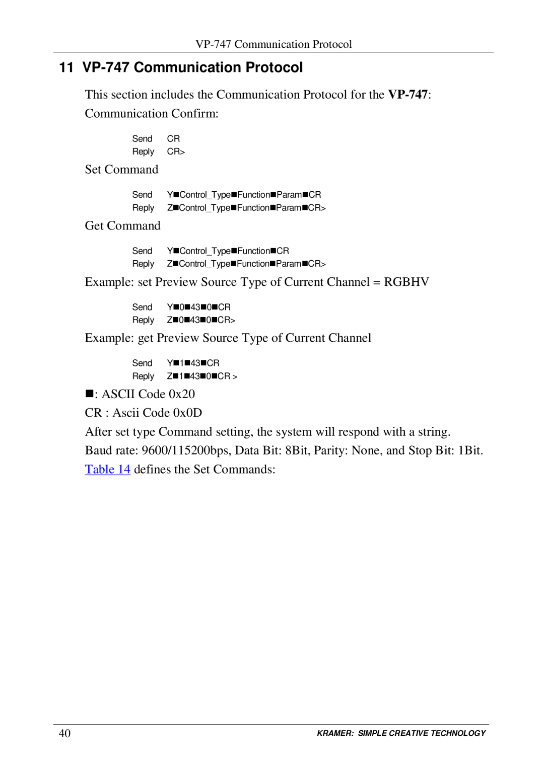 Kramer Electronics user manual 11 VP-747 Communication Protocol 