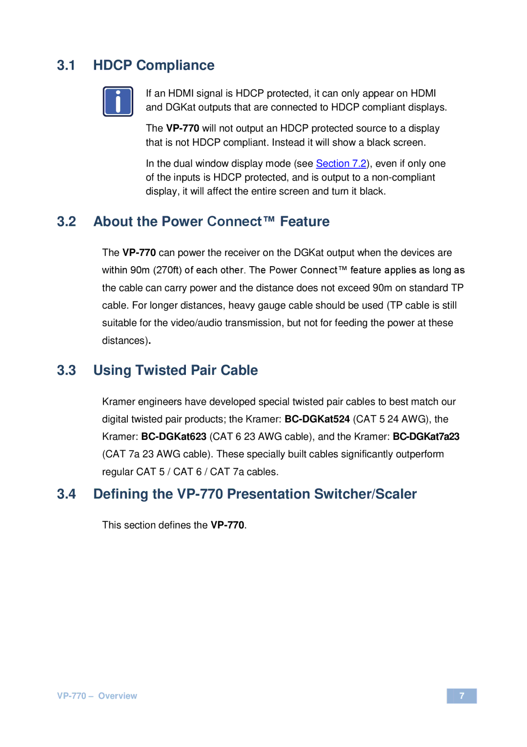 Kramer Electronics VP-770 user manual Hdcp Compliance, About the Power Connect Feature, Using Twisted Pair Cable 