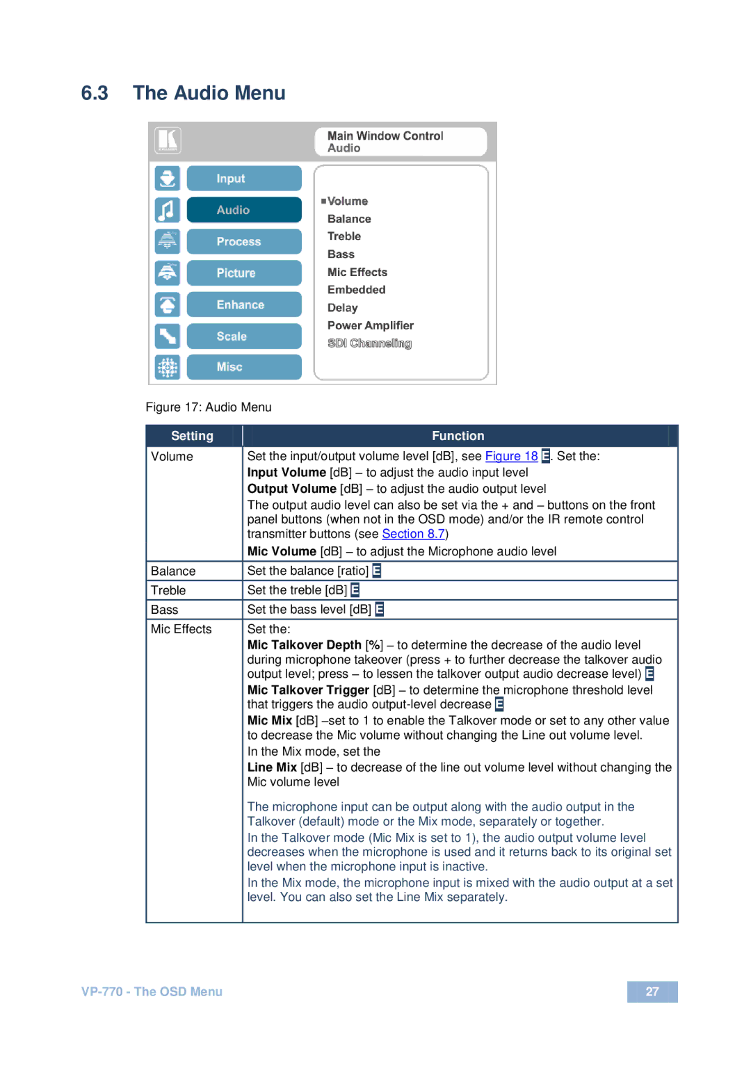 Kramer Electronics VP-770 user manual Audio Menu 