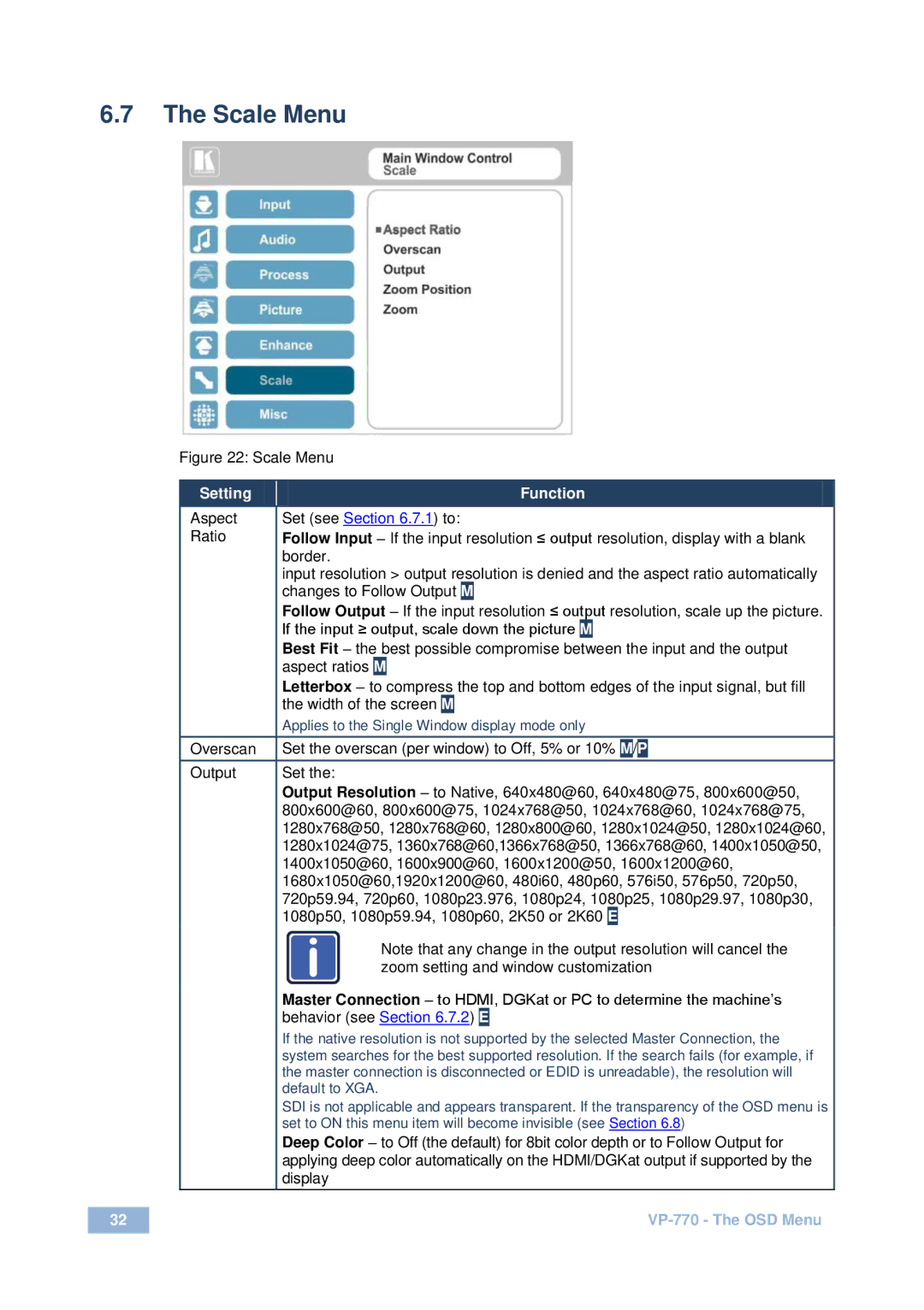 Kramer Electronics VP-770 user manual Scale Menu, Applies to the Single Window display mode only 