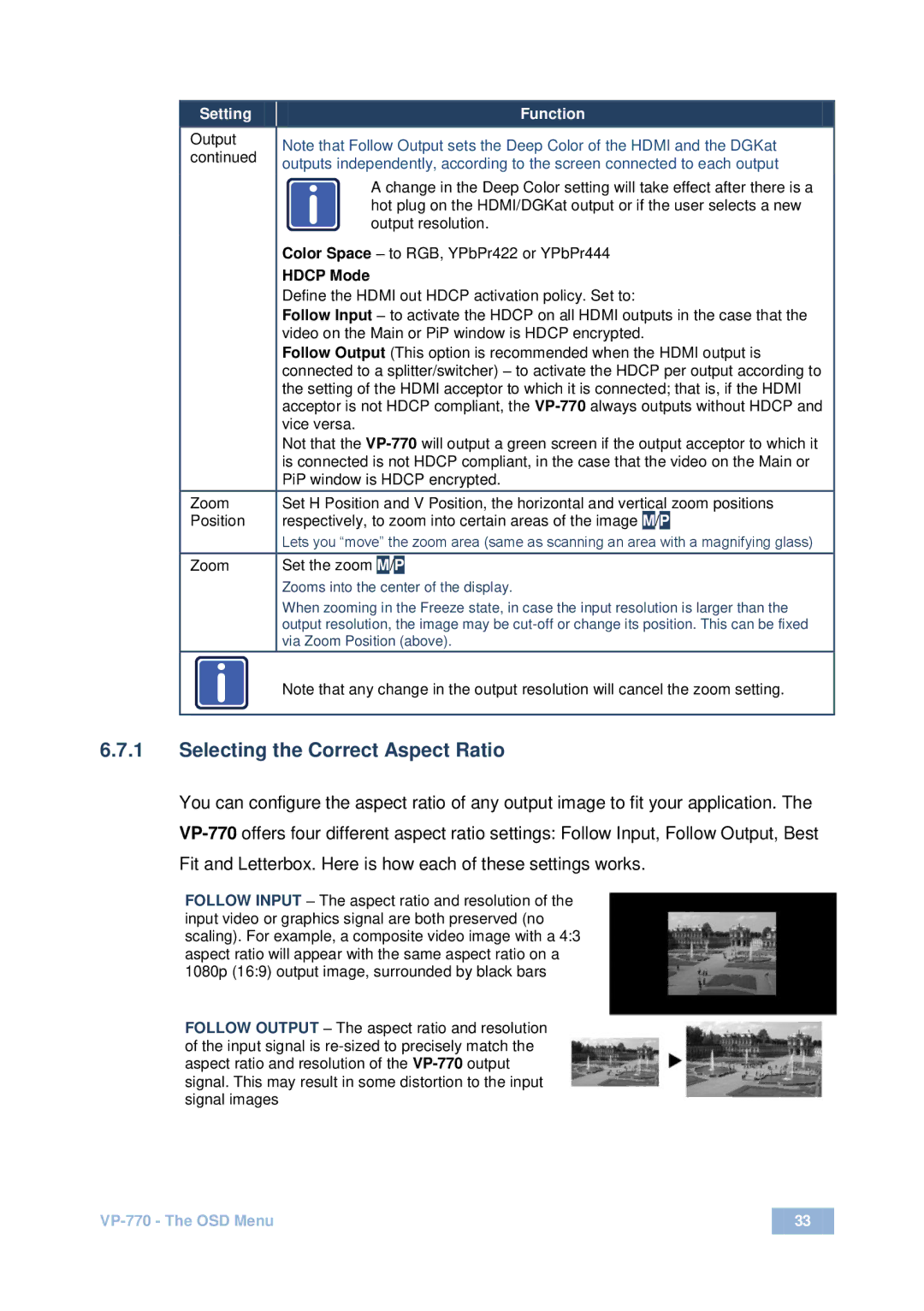 Kramer Electronics VP-770 user manual Selecting the Correct Aspect Ratio, Setting 