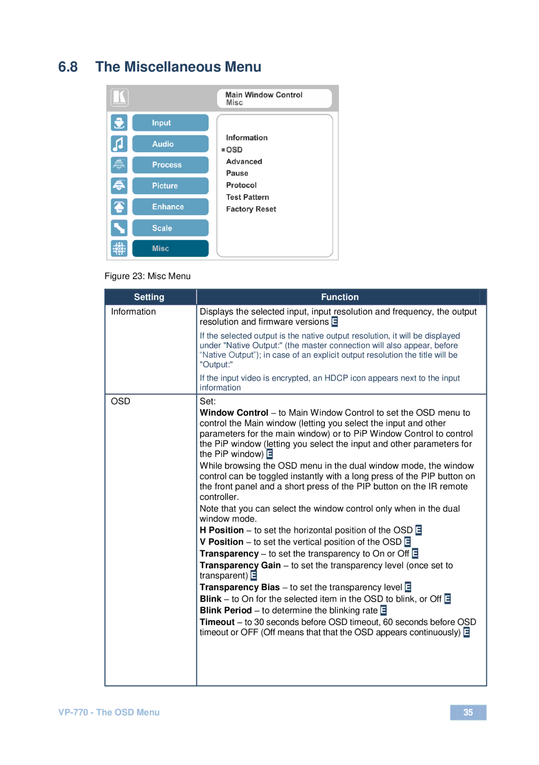 Kramer Electronics VP-770 user manual Miscellaneous Menu, Resolution and firmware versions 