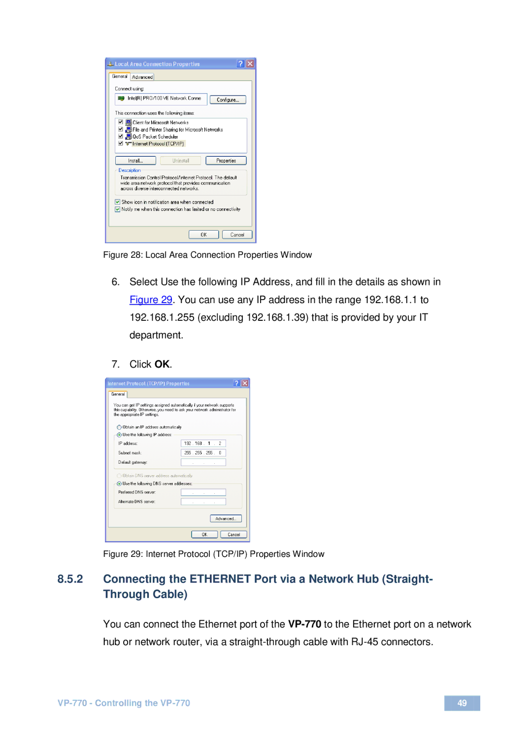 Kramer Electronics VP-770 user manual Local Area Connection Properties Window 