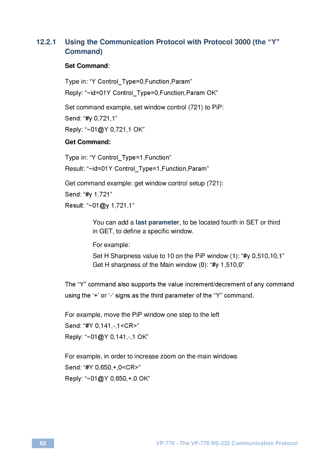 Kramer Electronics VP-770 user manual Set Command 