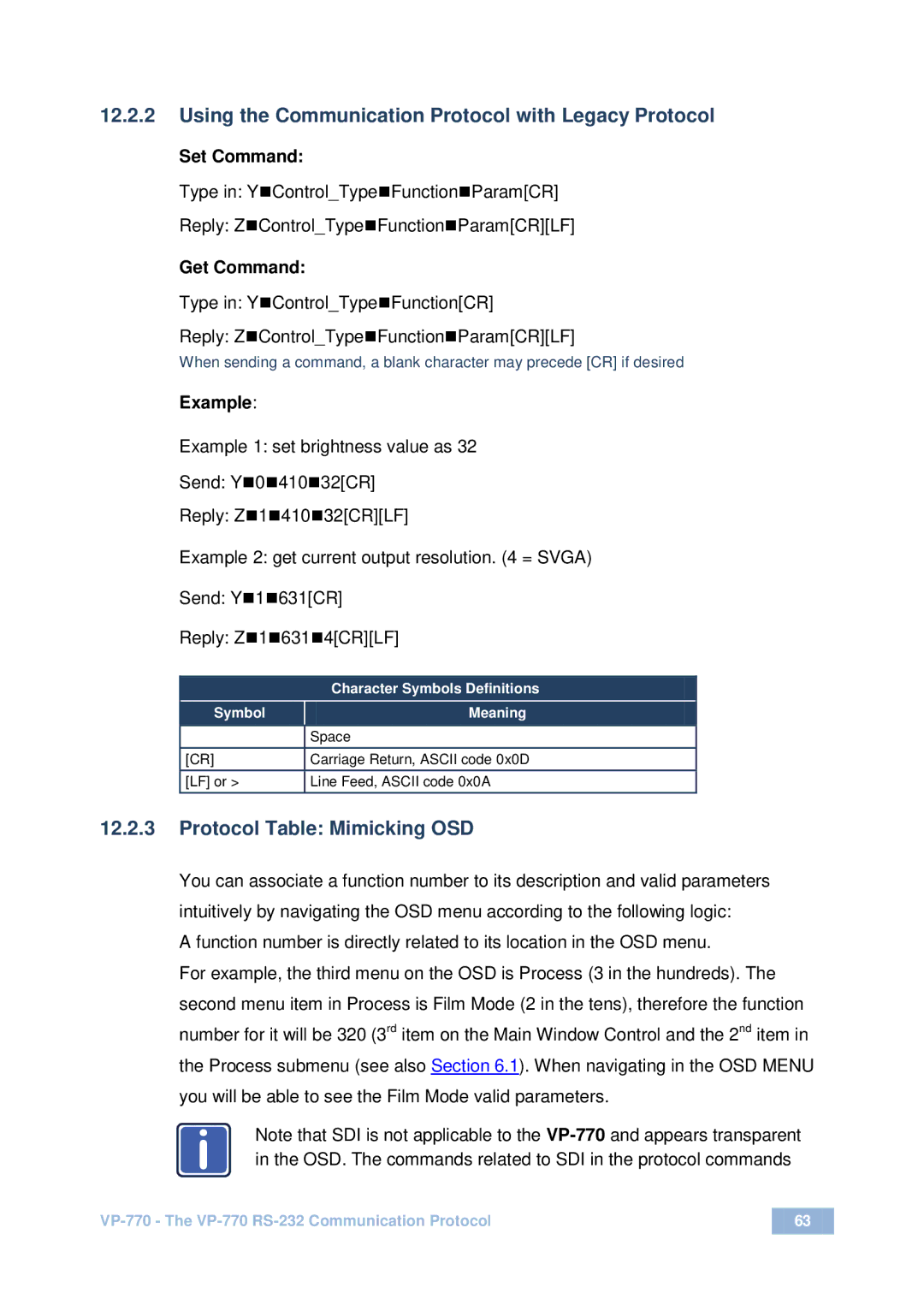 Kramer Electronics VP-770 user manual Using the Communication Protocol with Legacy Protocol, Protocol Table Mimicking OSD 