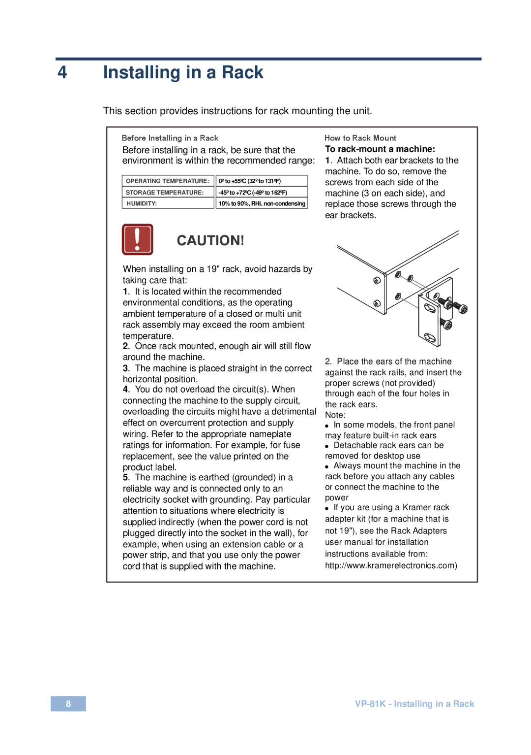 Kramer Electronics VP-81 K user manual Before Installing in a Rack 