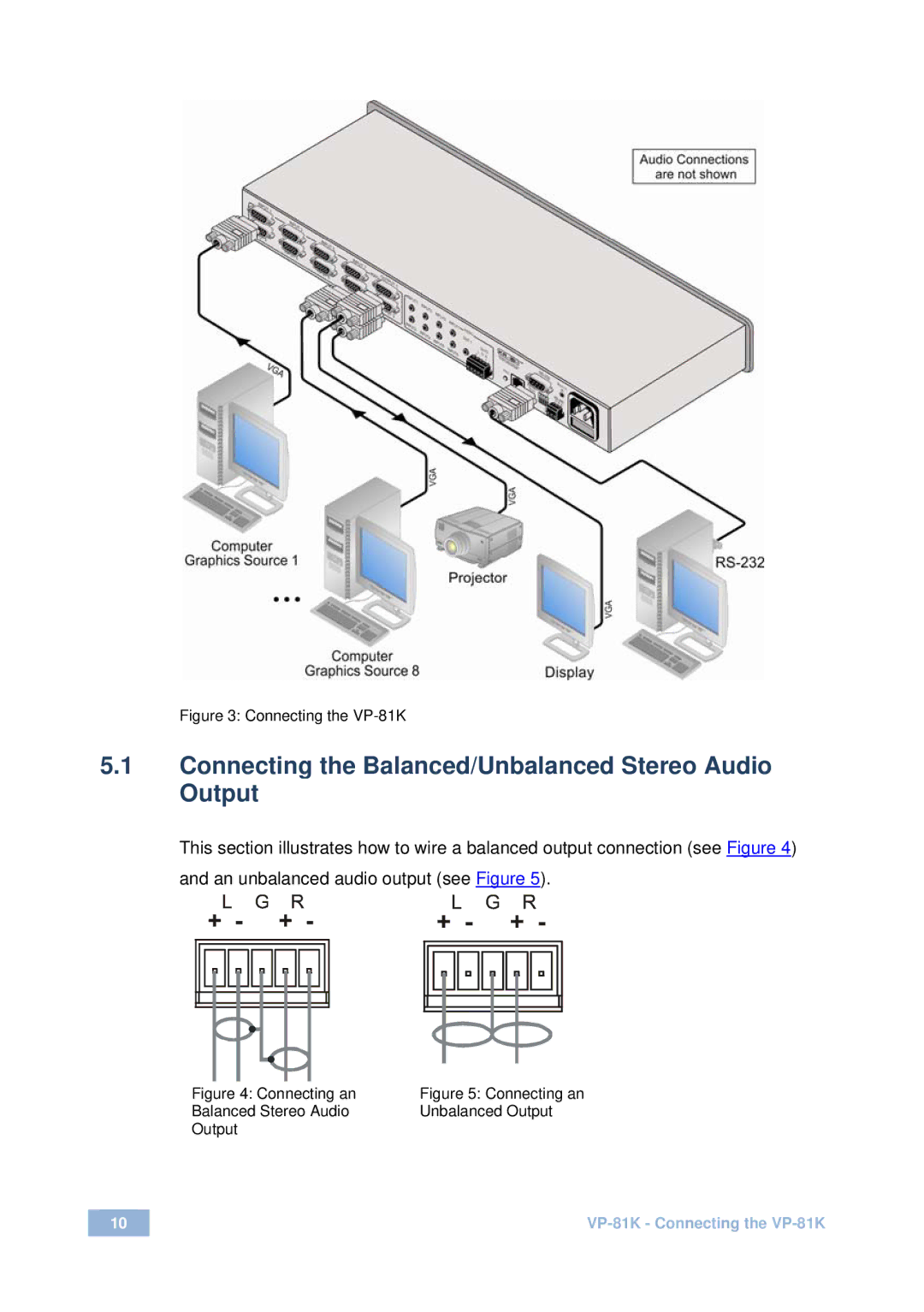 Kramer Electronics VP-81 K user manual Connecting the Balanced/Unbalanced Stereo Audio Output, Connecting the VP-81K 