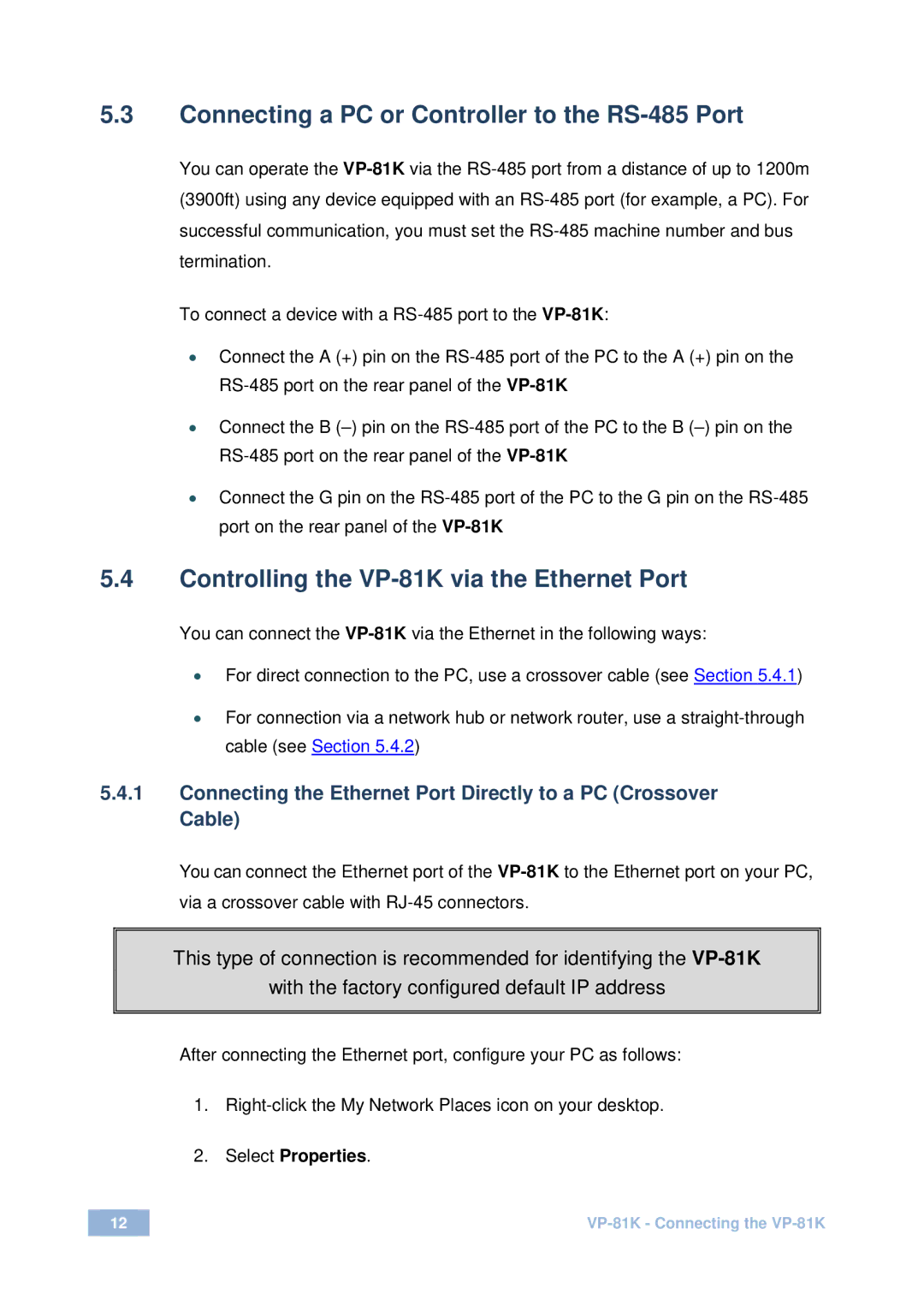 Kramer Electronics VP-81 K Connecting a PC or Controller to the RS-485 Port, Controlling the VP-81K via the Ethernet Port 