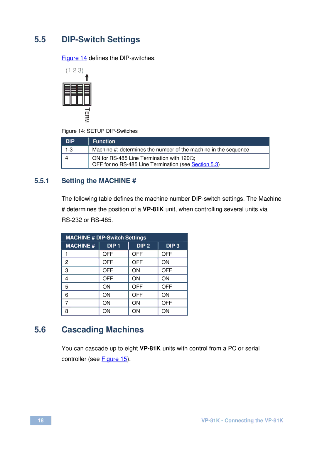 Kramer Electronics VP-81 K user manual DIP-Switch Settings, Cascading Machines, Setting the Machine # 