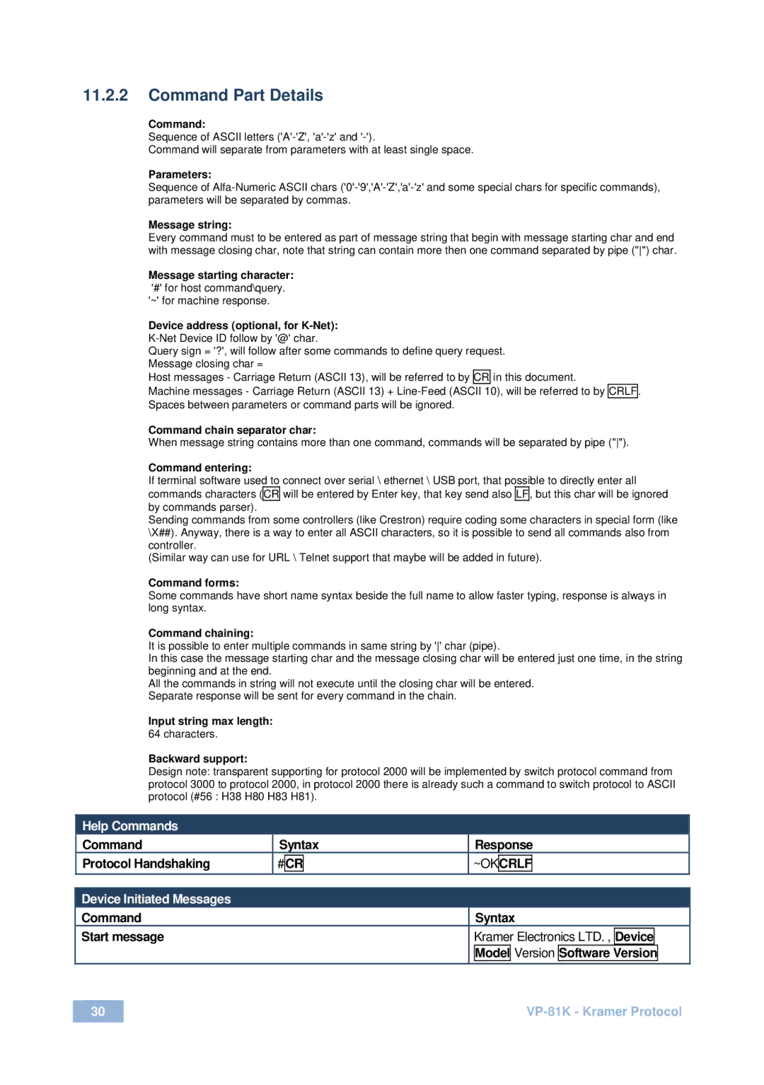 Kramer Electronics VP-81 K user manual Command Part Details, #CR ~OK Crlf 