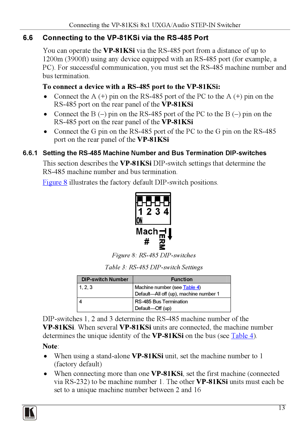 Kramer Electronics user manual Connecting to the VP-81KSi via the RS-485 Port, DIP-switch Number Function 