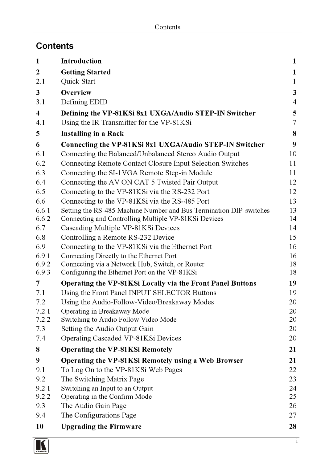 Kramer Electronics VP-81KSi user manual Contents 