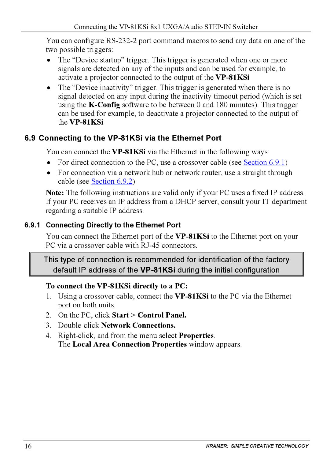 Kramer Electronics Connecting to the VP-81KSi via the Ethernet Port, To connect the VP-81KSi directly to a PC 
