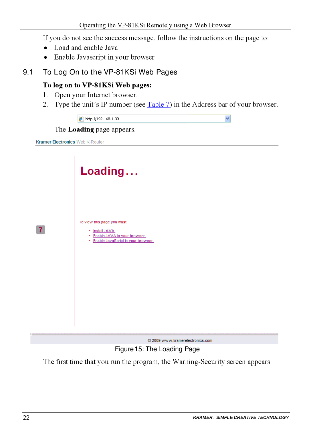 Kramer Electronics user manual To Log On to the VP-81KSi Web Pages, To log on to VP-81KSi Web pages 