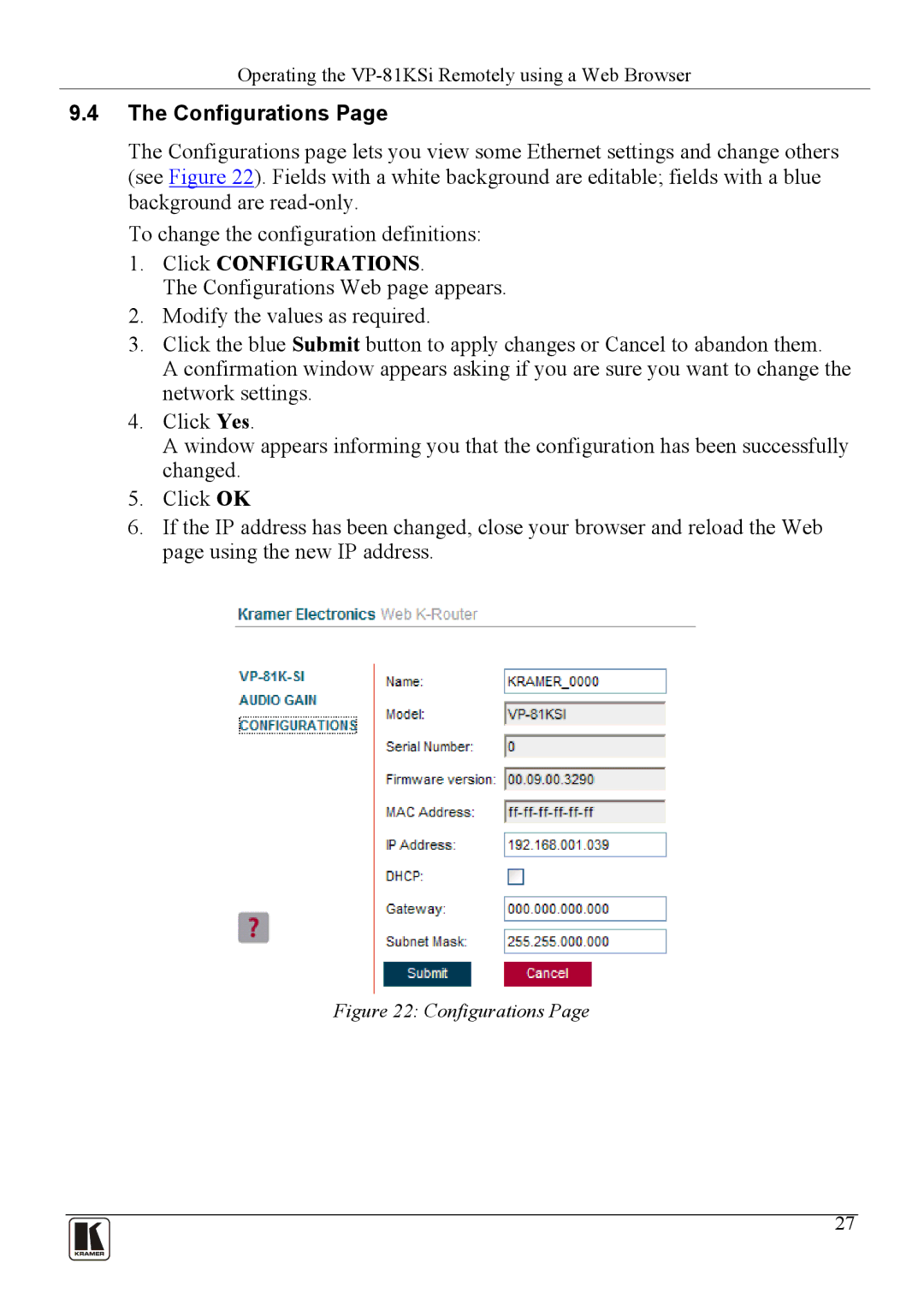 Kramer Electronics VP-81KSi user manual Click Configurations 