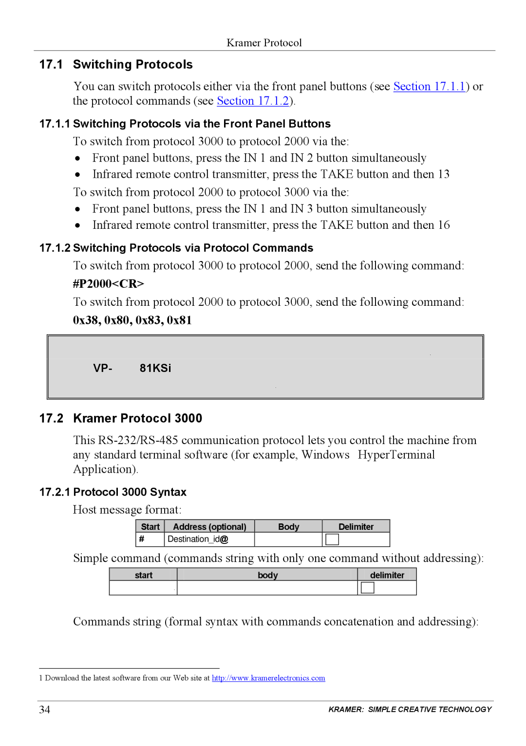 Kramer Electronics VP-81KSi user manual Switching Protocols, #P2000CR, 0x38, 0x80, 0x83, Kramer Protocol 