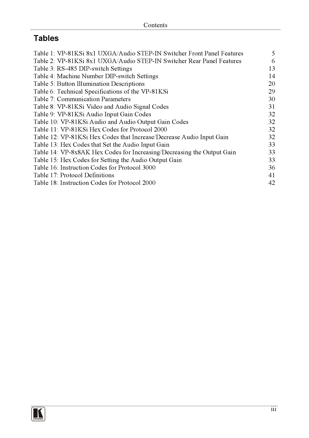 Kramer Electronics VP-81KSi user manual Tables 