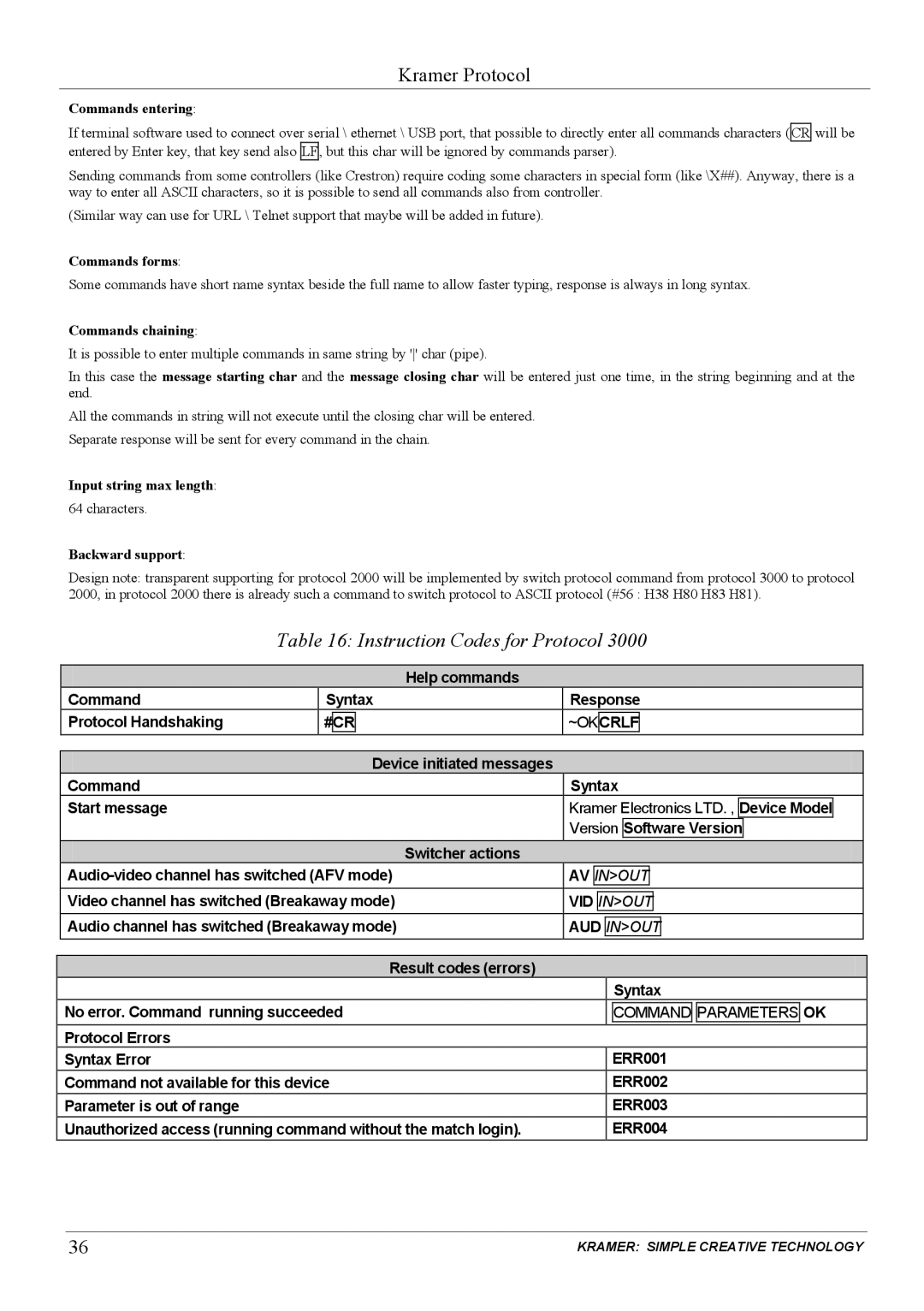 Kramer Electronics VP-81KSi user manual Instruction Codes for Protocol 