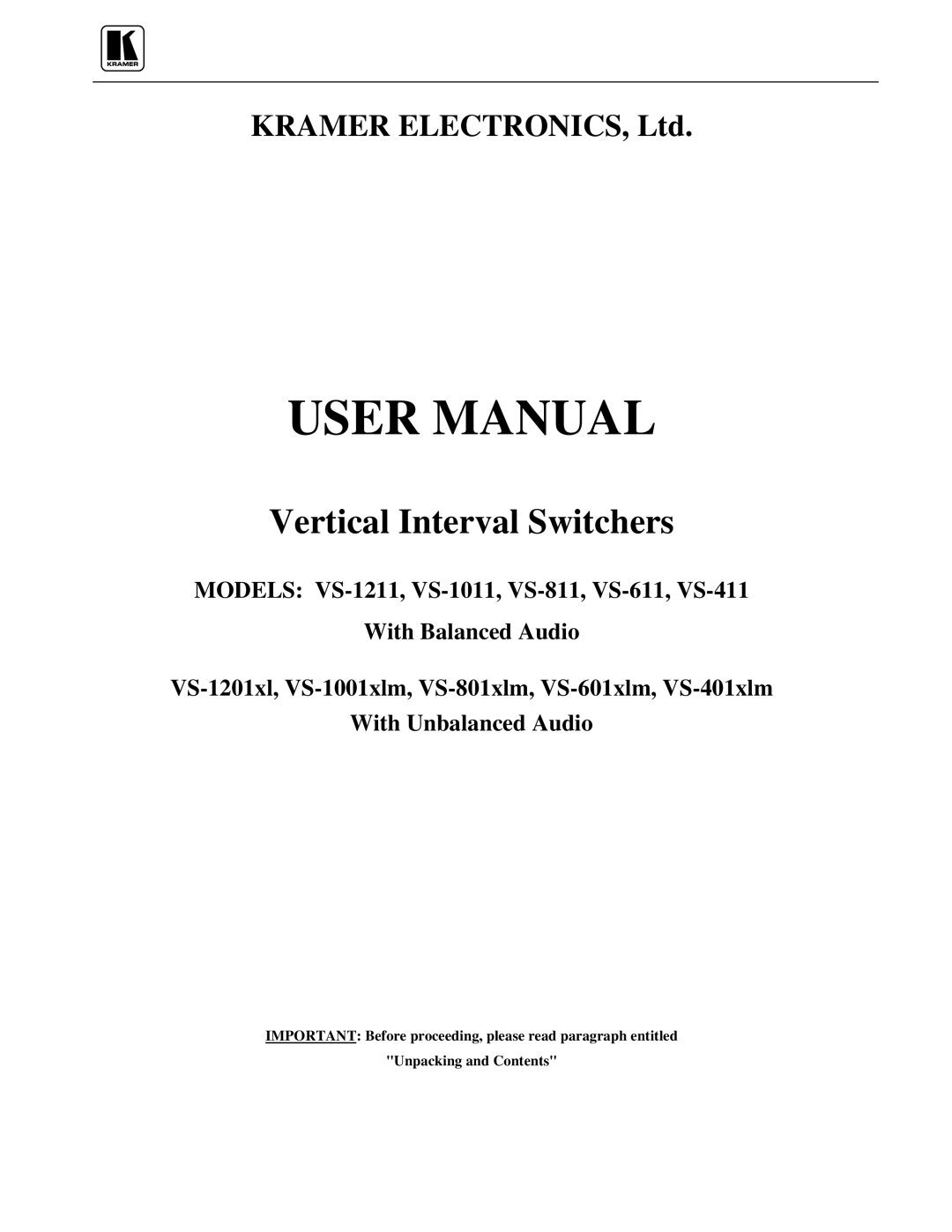 Kramer Electronics VS-1211 user manual Vertical Interval Switchers 