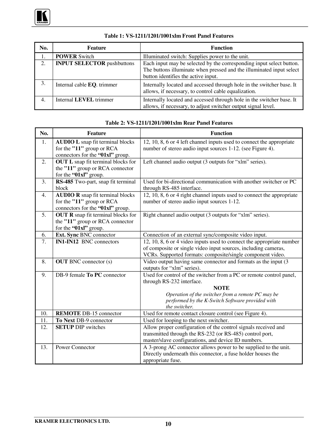Kramer Electronics user manual Input Selector pushbuttons, Table VS-1211/1201/1001xlm Rear Panel Features 