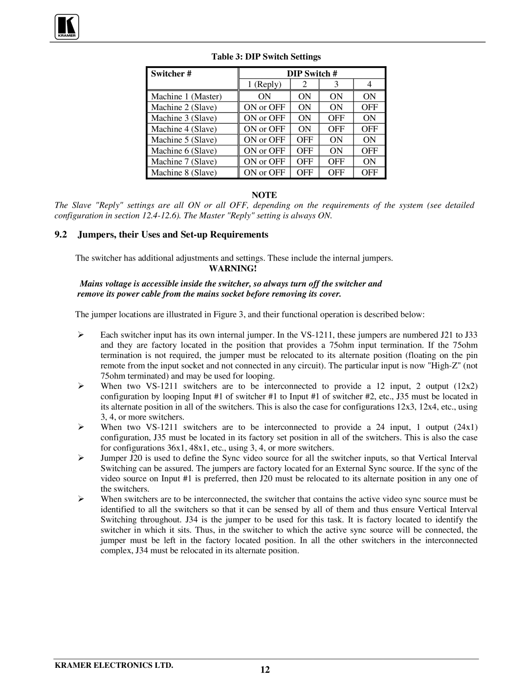 Kramer Electronics VS-1211 Jumpers, their Uses and Set-up Requirements, Table DIP Switch Settings Switcher #, DIP Switch # 